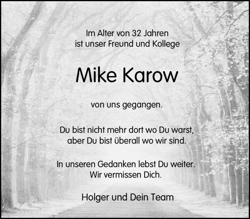  Traueranzeige für Mike Karow vom 03.08.2009 aus Tageszeitung