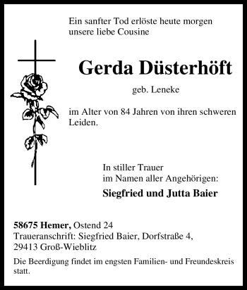 Traueranzeige von Gerda Düsterhöft von Tageszeitung