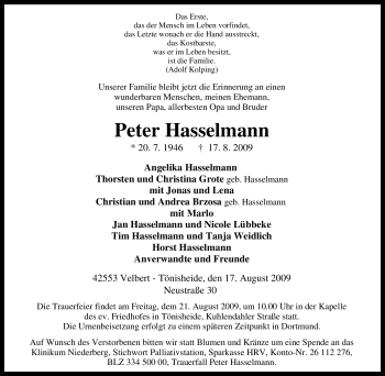 Traueranzeige von Peter Hasselmann von Tageszeitung