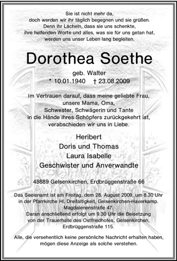 Traueranzeige von Dorothea Soethe von Tageszeitung