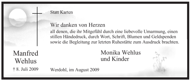  Traueranzeige für Manfred Wehlus vom 15.08.2009 aus Tageszeitung