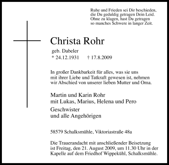 Traueranzeige von Christa Rohr von Tageszeitung