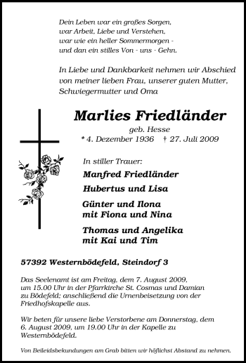 Traueranzeige von Marlies Friedländer von Tageszeitung