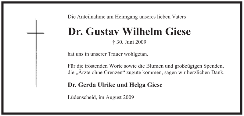  Traueranzeige für Gustav Wilhelm Giese vom 15.08.2009 aus Tageszeitung