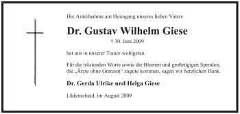 Traueranzeige von Gustav Wilhelm Giese von Tageszeitung