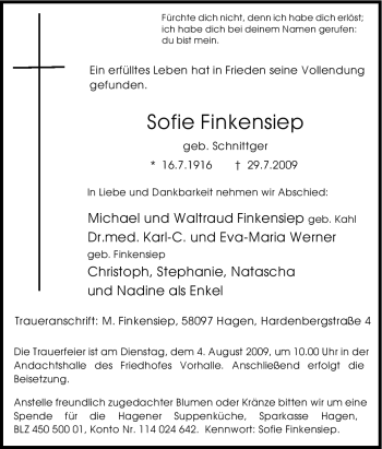 Traueranzeige von Sofie Finkensiep von Tageszeitung