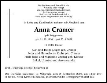 Traueranzeige von Anna Cramer von Tageszeitung