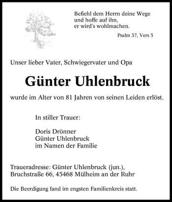 Traueranzeige von Günter Uhlenbruck von Tageszeitung