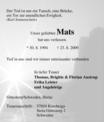 Traueranzeige von Mats Unbekannt von Tageszeitung