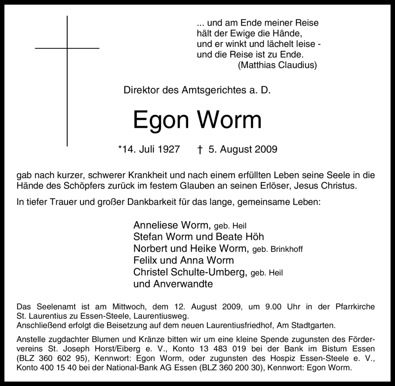  Traueranzeige für Egon Worm vom 08.08.2009 aus Tageszeitung