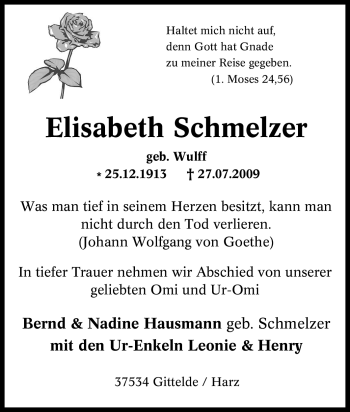 Traueranzeige von Elisabeth Schmelzer von Tageszeitung