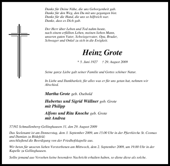Traueranzeige von Heinz Grote von Tageszeitung