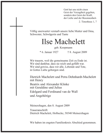 Traueranzeige von Ilse Machelett von Tageszeitung