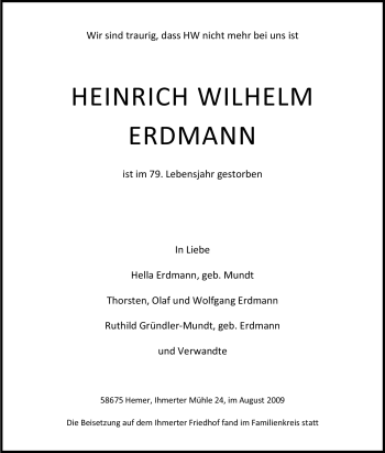 Traueranzeige von Heinrich Wilhelm Erdmann von Tageszeitung