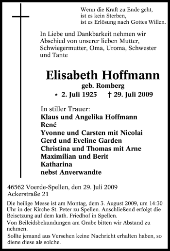Traueranzeige von Elisabeth Hoffmann von Tageszeitung