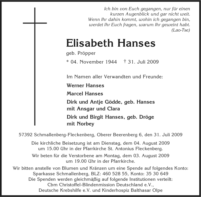  Traueranzeige für Elisabeth Hanses vom 01.08.2009 aus Tageszeitung