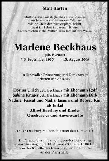 Traueranzeige von Marlene Beckhaus von Tageszeitung