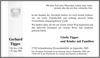 Traueranzeige von Gerhard Tigges von Tageszeitung