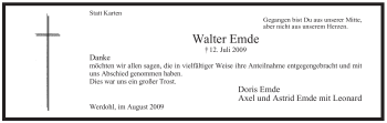 Traueranzeige von Walter Emde von Tageszeitung