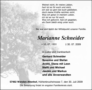 Traueranzeige von Marianne Schneider von Tageszeitung