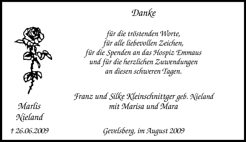  Traueranzeige für Marlis Nieland vom 22.08.2009 aus Tageszeitung