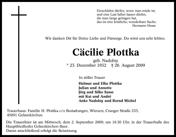 Traueranzeige von Cäcilie Plottka von Tageszeitung