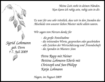 Traueranzeige von Sigrid Lohmann von Tageszeitung