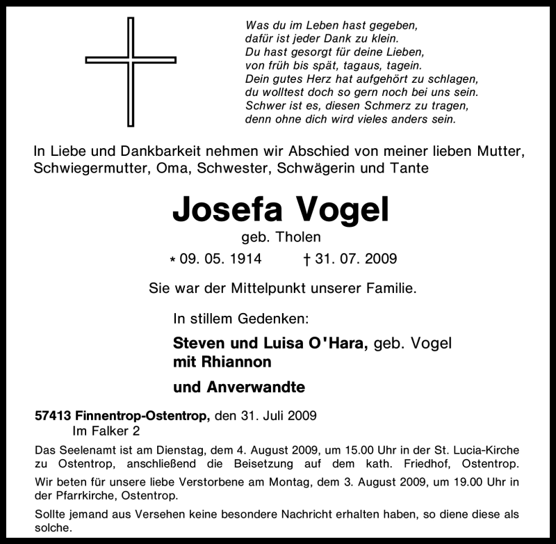  Traueranzeige für Josefa Vogel vom 01.08.2009 aus Tageszeitung
