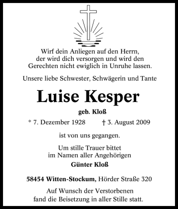 Traueranzeige von Luise Kesper von Tageszeitung