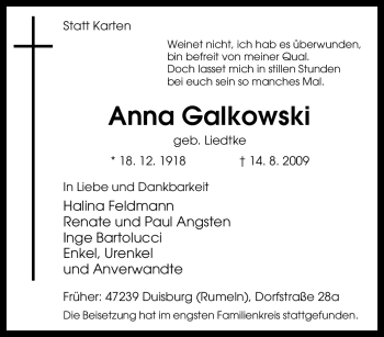 Traueranzeige von Anna Galkowski von Tageszeitung