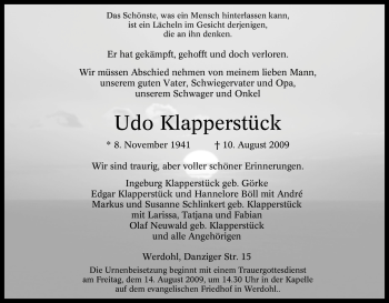 Traueranzeige von Udo Klapperstück von Tageszeitung