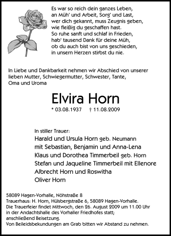 Traueranzeige von Elvira Horn von Tageszeitung