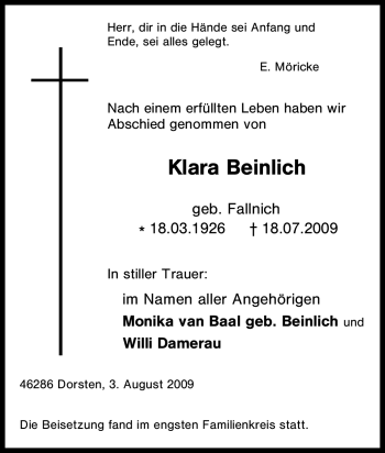 Traueranzeige von Klara Beinlich von Tageszeitung