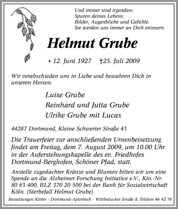 Traueranzeige von Helmut Grube von Tageszeitung