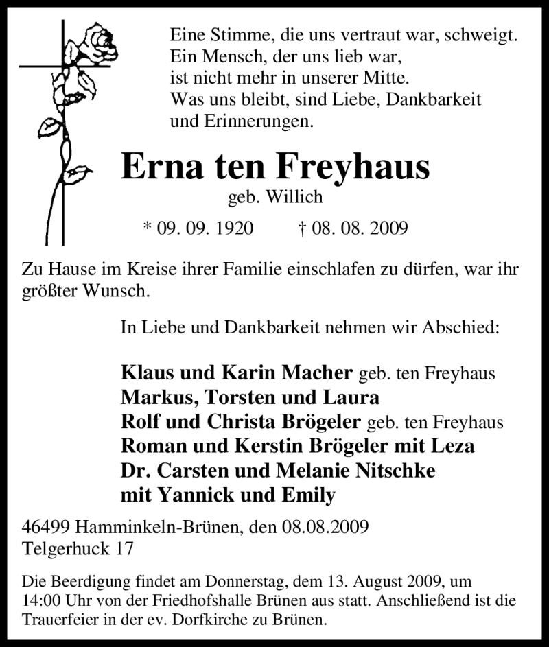  Traueranzeige für Erna ten Freyhaus vom 11.08.2009 aus Tageszeitung