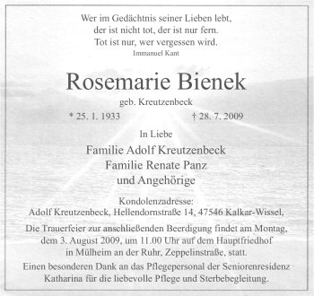 Traueranzeige von Rosemarie Bienek von Tageszeitung