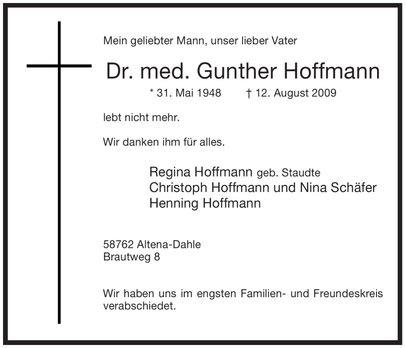  Traueranzeige für Gunther Hoffmann vom 18.08.2009 aus Tageszeitung