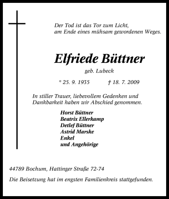 Traueranzeige von Elfriede Büttner von Tageszeitung