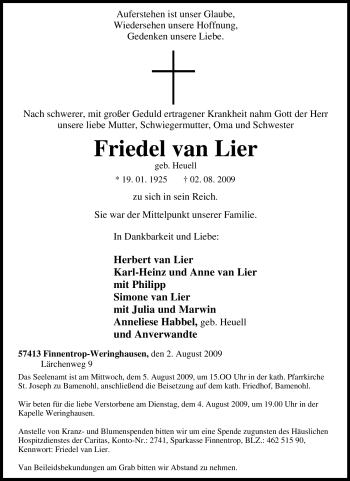 Traueranzeige von Friedel van Lier von Tageszeitung