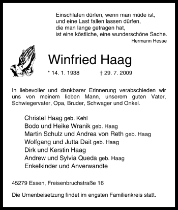 Traueranzeige von Winfried Haag von Tageszeitung