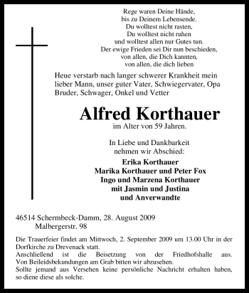 Traueranzeige von Alfred Korthauer von Tageszeitung