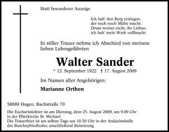 Traueranzeige von Walter Sander von Tageszeitung