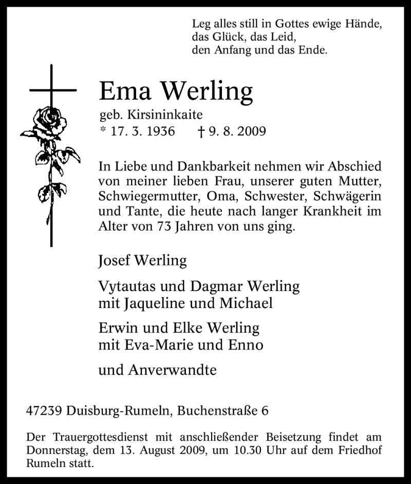  Traueranzeige für Ema Werling vom 11.08.2009 aus Tageszeitung
