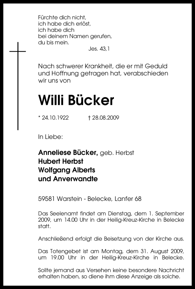  Traueranzeige für Willi Bücker vom 31.08.2009 aus Tageszeitung