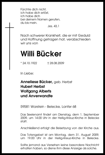 Traueranzeige von Willi Bücker von Tageszeitung