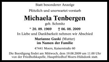 Traueranzeige von Michaela Tenbergen von Tageszeitung