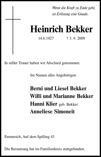 Traueranzeige von Heinrich Bekker von Tageszeitung