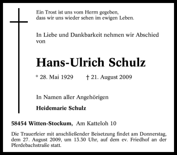 Traueranzeige von Hans-Ulrich Schulz von Tageszeitung