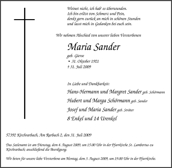 Traueranzeige von Maria Sander von Tageszeitung