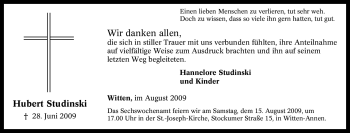 Traueranzeige von Hubert Studinski von Tageszeitung